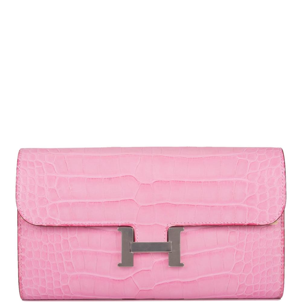 Hermès Bubblegum 5P Matte Alligator Constance Long Clutch Wallet Palladium Hardware