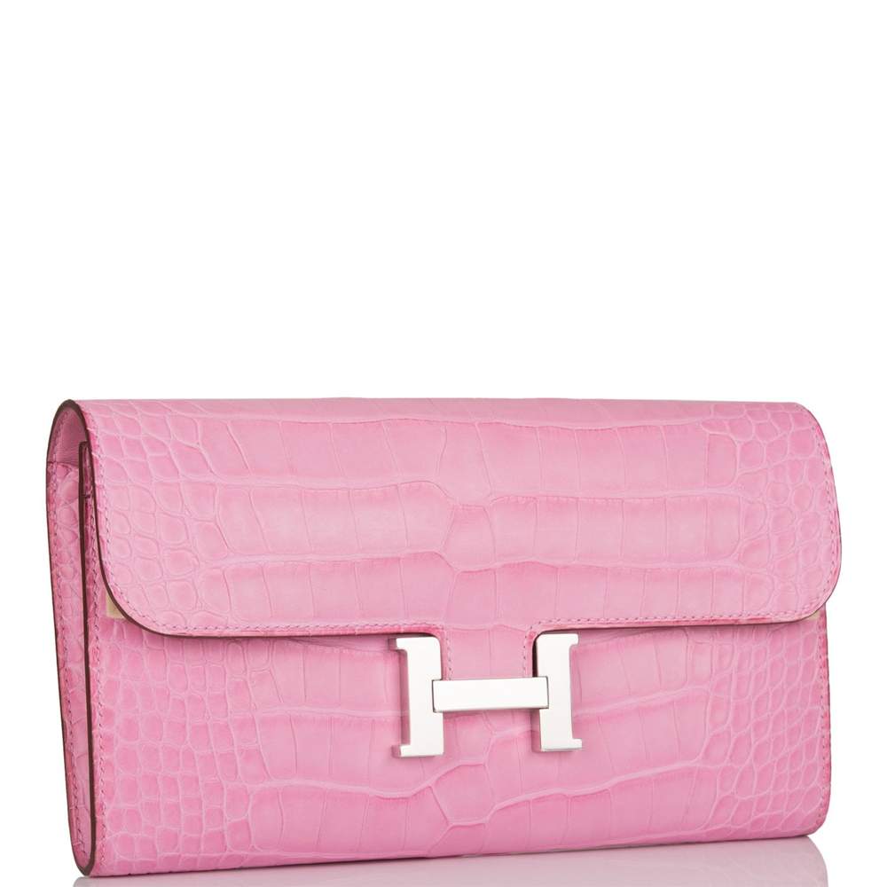 Hermès Bubblegum 5P Matte Alligator Constance Long Clutch Wallet Palladium Hardware