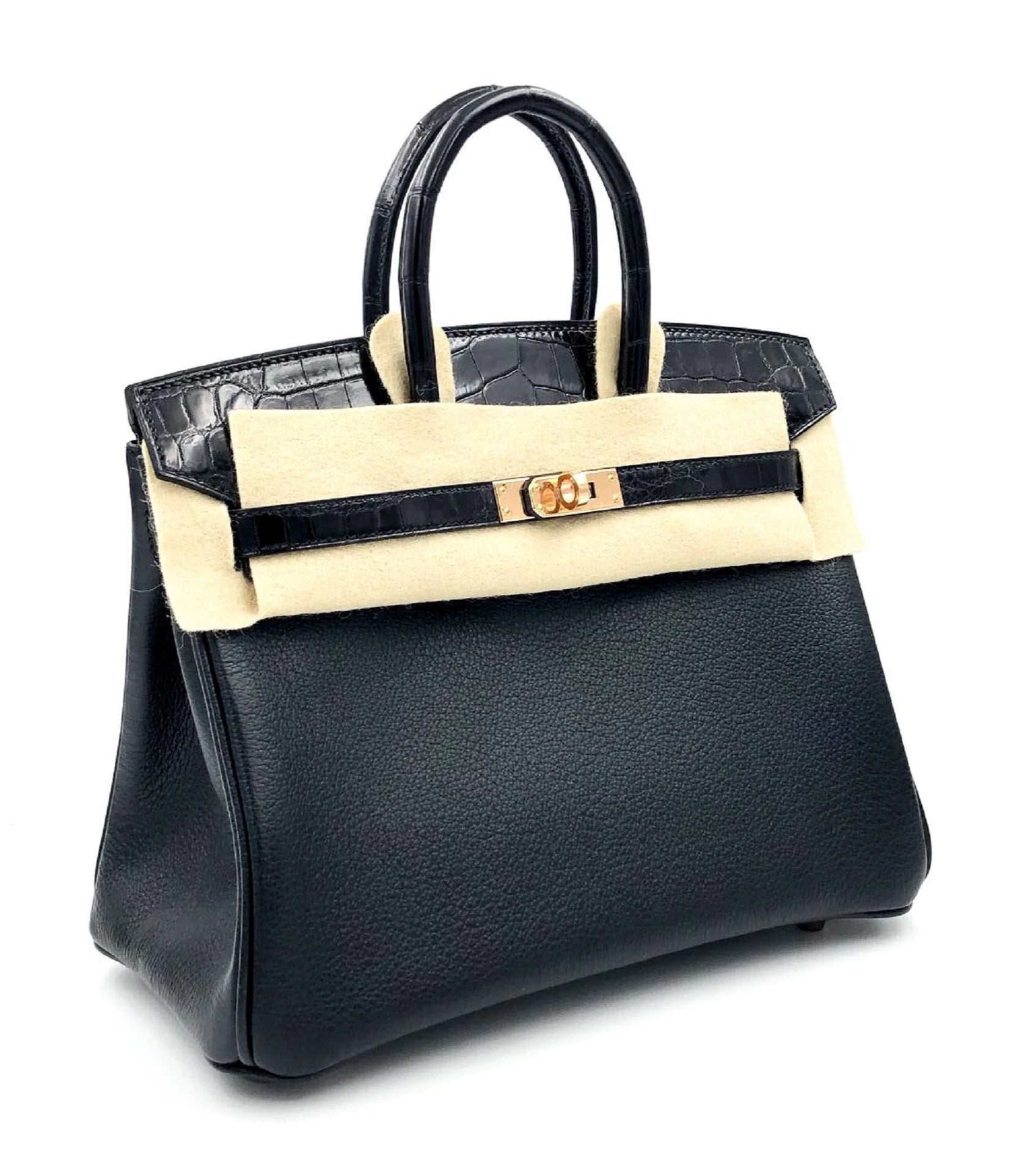 Hermes Birkin 25 Black Touch Shiny Crocodie/ Novillo Rosegold Hardware D Stamp