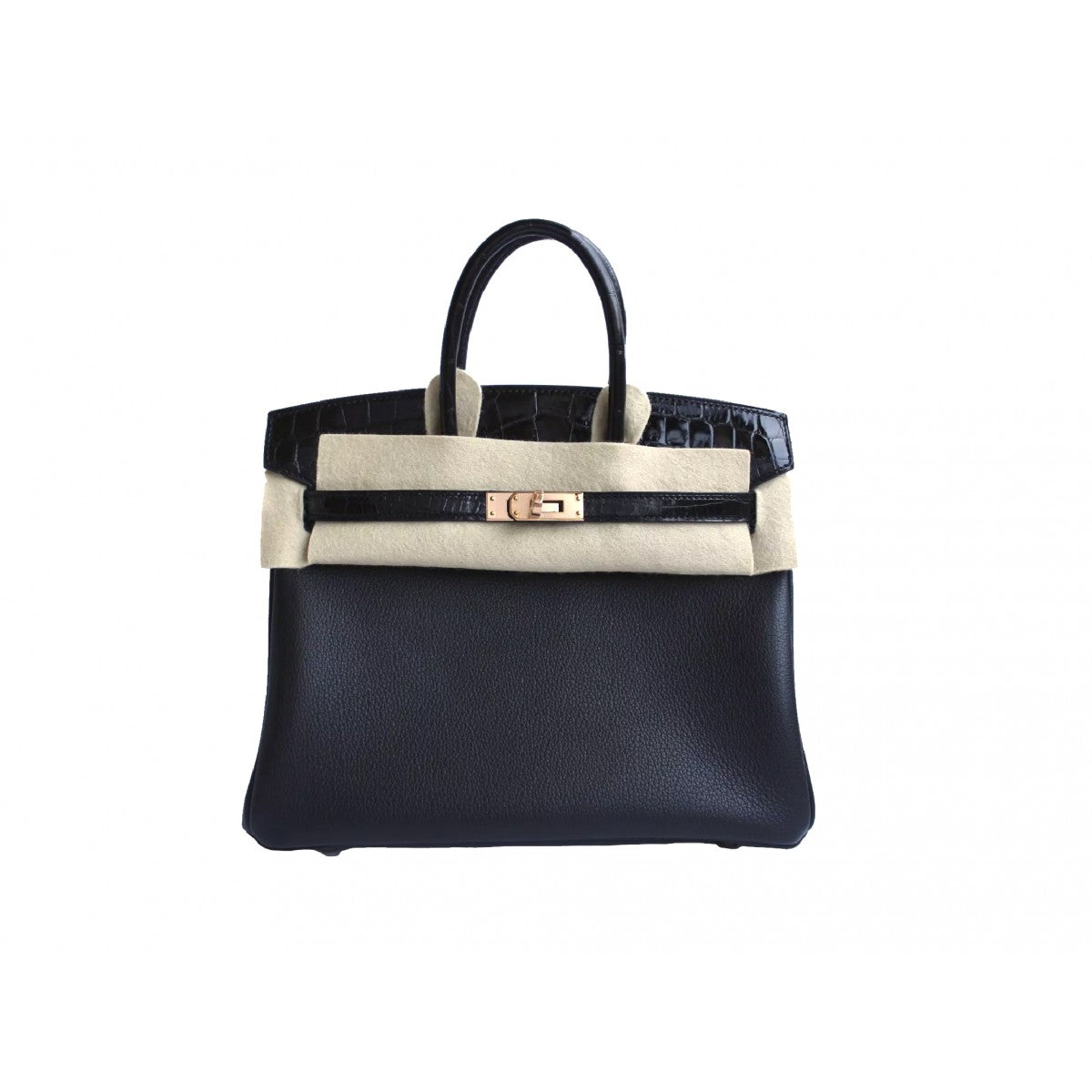 Hermes Birkin 25 Touch Black Novillo & Shiny Crocodile Rose Gold Hardware UNWORN