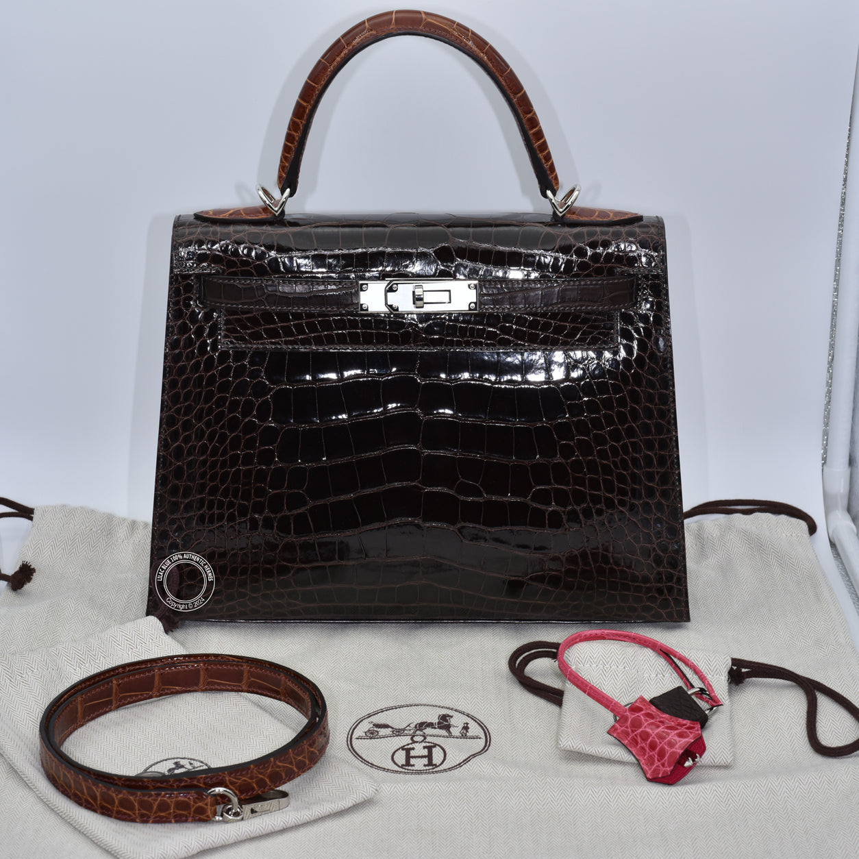 24939 Kelly 28cm Ebene Macassar Miel Shiny Alligator PHW