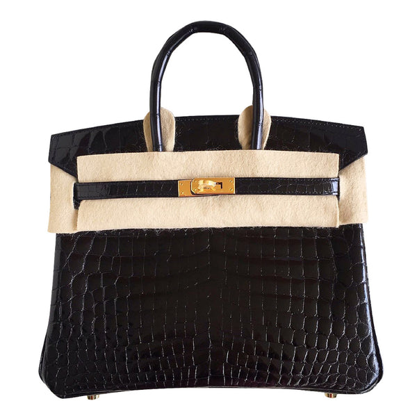 Hermes Birkin 25 Black Shiny Crocodie Gold Hardware A Stamp